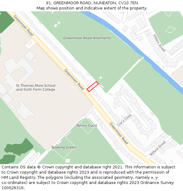 91, GREENMOOR ROAD, NUNEATON, CV10 7EN: Location map and indicative extent of plot