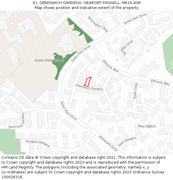 91, GREENWICH GARDENS, NEWPORT PAGNELL, MK16 0NR: Location map and indicative extent of plot