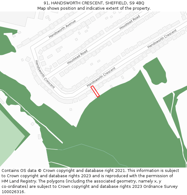 91, HANDSWORTH CRESCENT, SHEFFIELD, S9 4BQ: Location map and indicative extent of plot