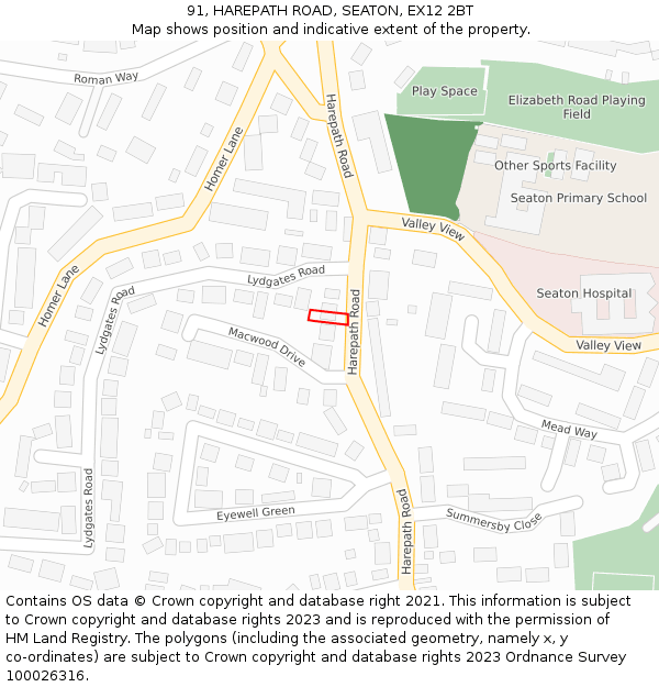 91, HAREPATH ROAD, SEATON, EX12 2BT: Location map and indicative extent of plot