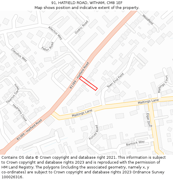 91, HATFIELD ROAD, WITHAM, CM8 1EF: Location map and indicative extent of plot