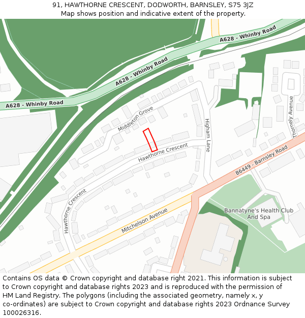 91, HAWTHORNE CRESCENT, DODWORTH, BARNSLEY, S75 3JZ: Location map and indicative extent of plot