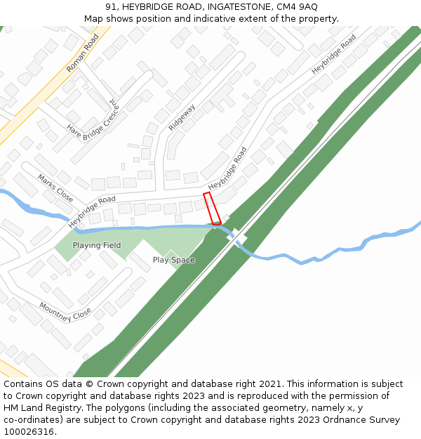 91, HEYBRIDGE ROAD, INGATESTONE, CM4 9AQ: Location map and indicative extent of plot