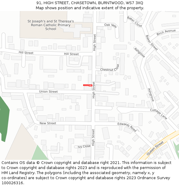 91, HIGH STREET, CHASETOWN, BURNTWOOD, WS7 3XQ: Location map and indicative extent of plot