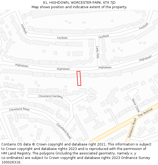 91, HIGHDOWN, WORCESTER PARK, KT4 7JD: Location map and indicative extent of plot