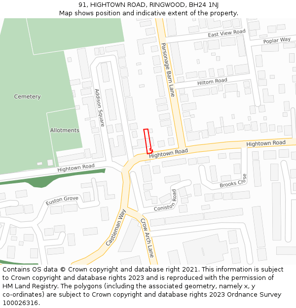 91, HIGHTOWN ROAD, RINGWOOD, BH24 1NJ: Location map and indicative extent of plot