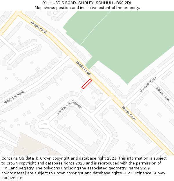 91, HURDIS ROAD, SHIRLEY, SOLIHULL, B90 2DL: Location map and indicative extent of plot