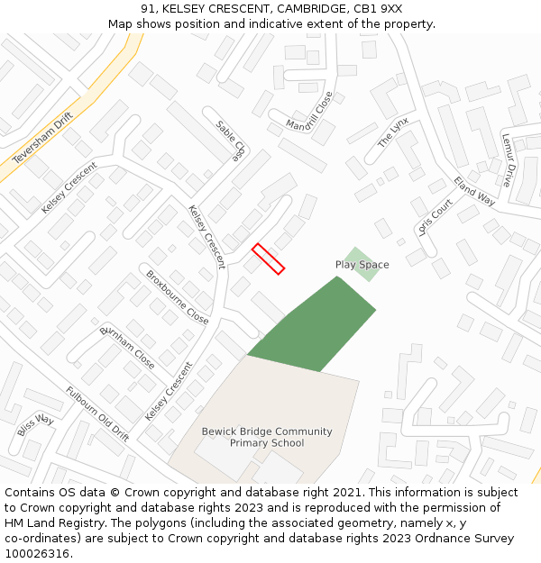 91, KELSEY CRESCENT, CAMBRIDGE, CB1 9XX: Location map and indicative extent of plot