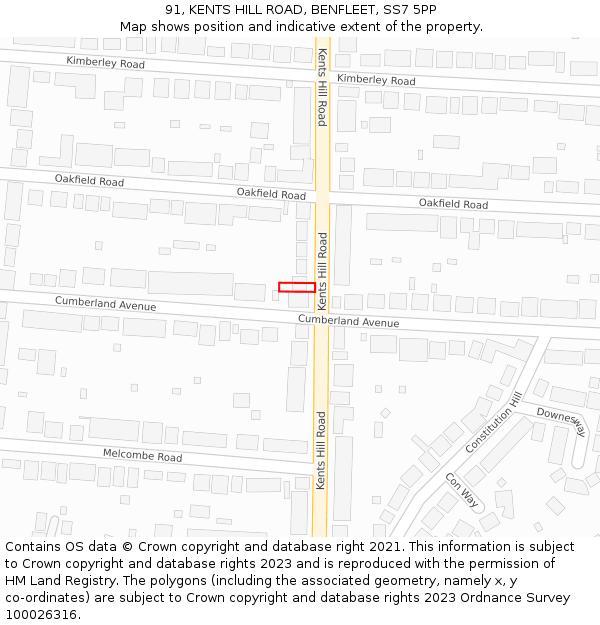 91, KENTS HILL ROAD, BENFLEET, SS7 5PP: Location map and indicative extent of plot