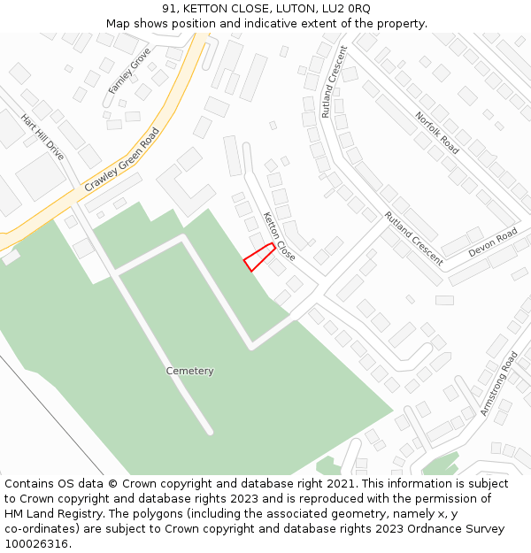 91, KETTON CLOSE, LUTON, LU2 0RQ: Location map and indicative extent of plot