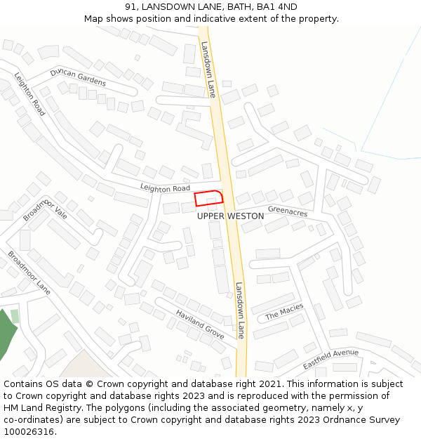 91, LANSDOWN LANE, BATH, BA1 4ND: Location map and indicative extent of plot