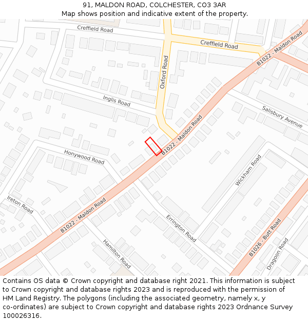 91, MALDON ROAD, COLCHESTER, CO3 3AR: Location map and indicative extent of plot