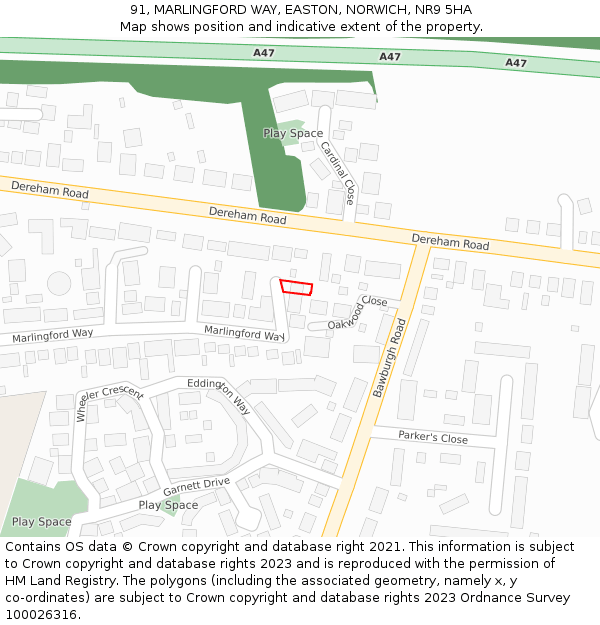 91, MARLINGFORD WAY, EASTON, NORWICH, NR9 5HA: Location map and indicative extent of plot