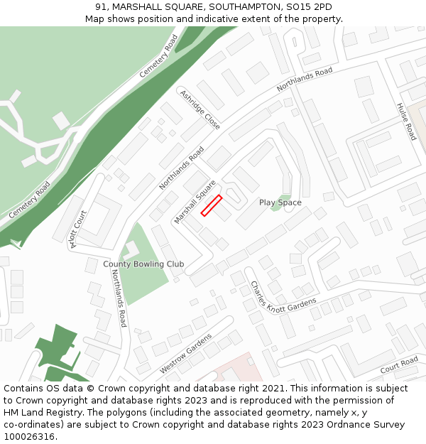 91, MARSHALL SQUARE, SOUTHAMPTON, SO15 2PD: Location map and indicative extent of plot