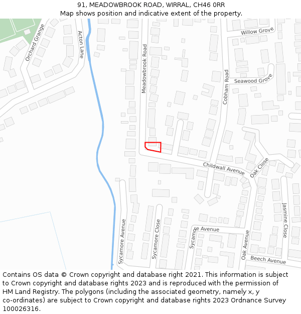 91, MEADOWBROOK ROAD, WIRRAL, CH46 0RR: Location map and indicative extent of plot