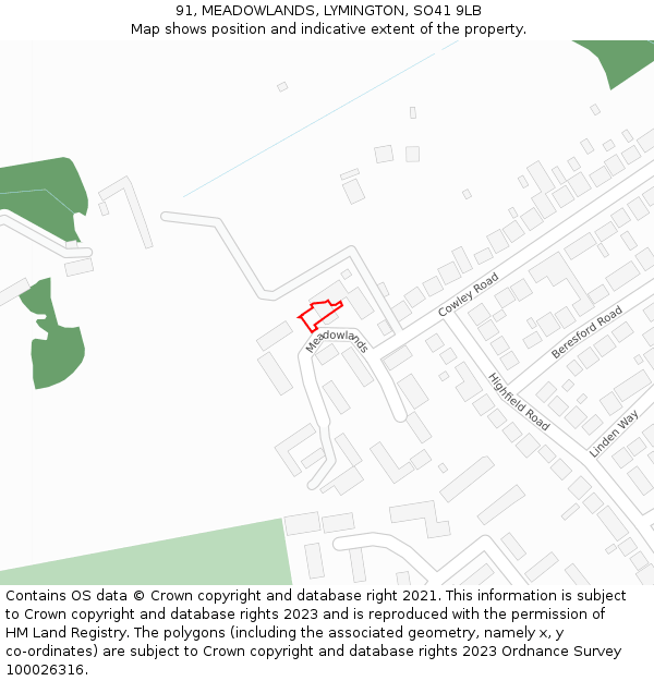 91, MEADOWLANDS, LYMINGTON, SO41 9LB: Location map and indicative extent of plot