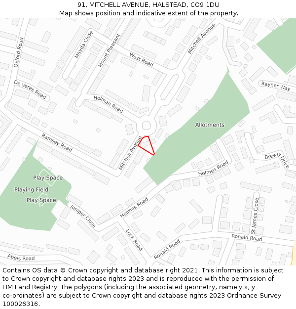 91, MITCHELL AVENUE, HALSTEAD, CO9 1DU: Location map and indicative extent of plot