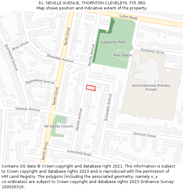 91, NEVILLE AVENUE, THORNTON-CLEVELEYS, FY5 3RG: Location map and indicative extent of plot