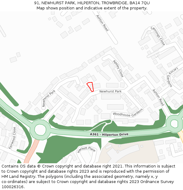 91, NEWHURST PARK, HILPERTON, TROWBRIDGE, BA14 7QU: Location map and indicative extent of plot