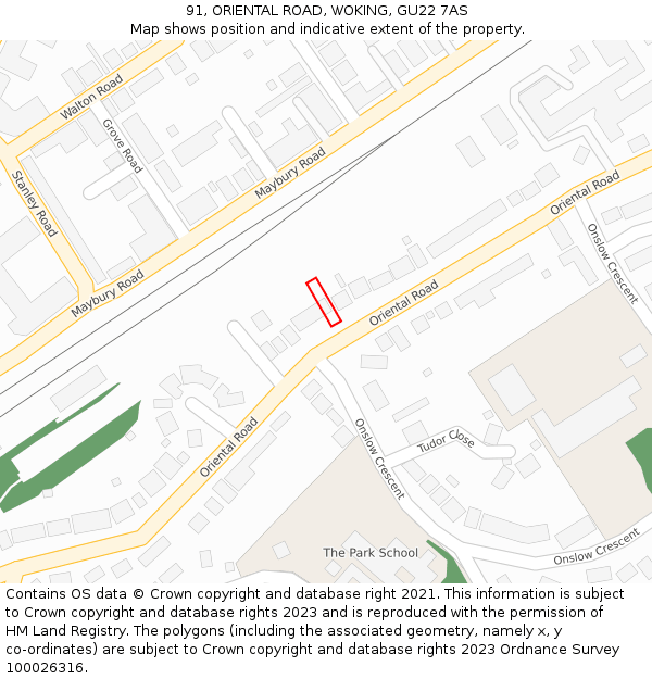 91, ORIENTAL ROAD, WOKING, GU22 7AS: Location map and indicative extent of plot