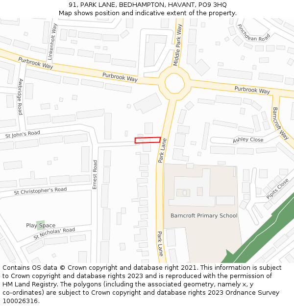 91, PARK LANE, BEDHAMPTON, HAVANT, PO9 3HQ: Location map and indicative extent of plot