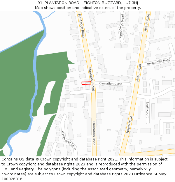 91, PLANTATION ROAD, LEIGHTON BUZZARD, LU7 3HJ: Location map and indicative extent of plot