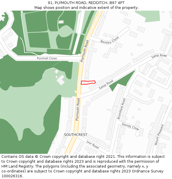 91, PLYMOUTH ROAD, REDDITCH, B97 4PT: Location map and indicative extent of plot