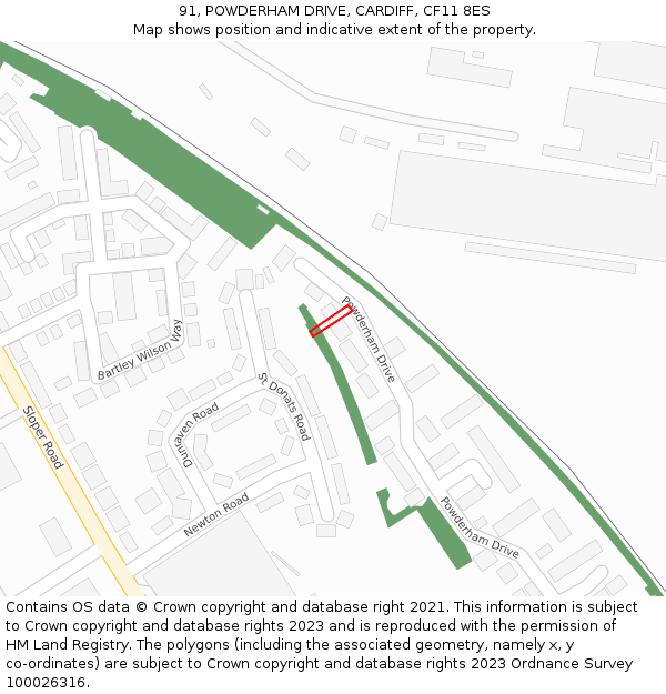 91, POWDERHAM DRIVE, CARDIFF, CF11 8ES: Location map and indicative extent of plot