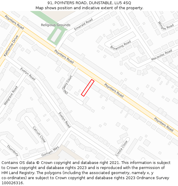 91, POYNTERS ROAD, DUNSTABLE, LU5 4SQ: Location map and indicative extent of plot