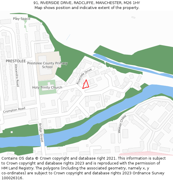 91, RIVERSIDE DRIVE, RADCLIFFE, MANCHESTER, M26 1HY: Location map and indicative extent of plot