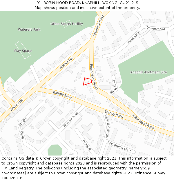 91, ROBIN HOOD ROAD, KNAPHILL, WOKING, GU21 2LS: Location map and indicative extent of plot