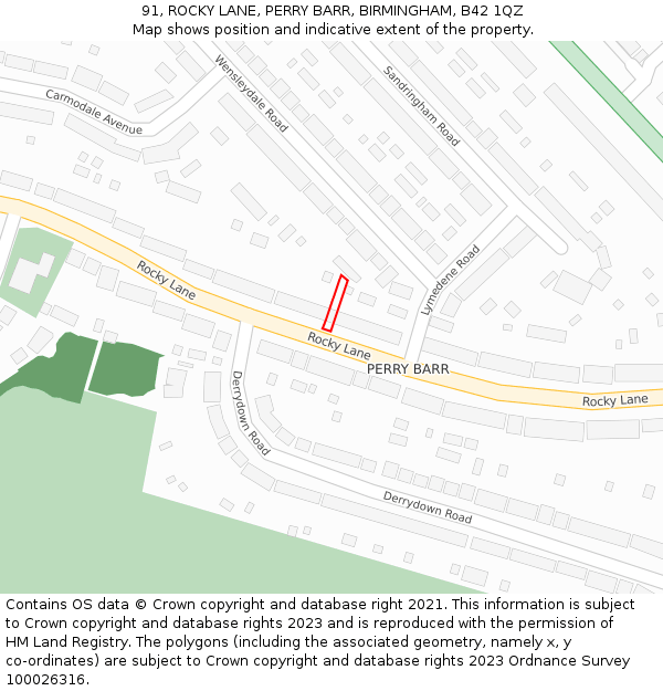 91, ROCKY LANE, PERRY BARR, BIRMINGHAM, B42 1QZ: Location map and indicative extent of plot