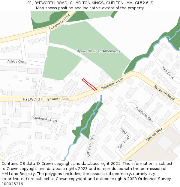 91, RYEWORTH ROAD, CHARLTON KINGS, CHELTENHAM, GL52 6LS: Location map and indicative extent of plot