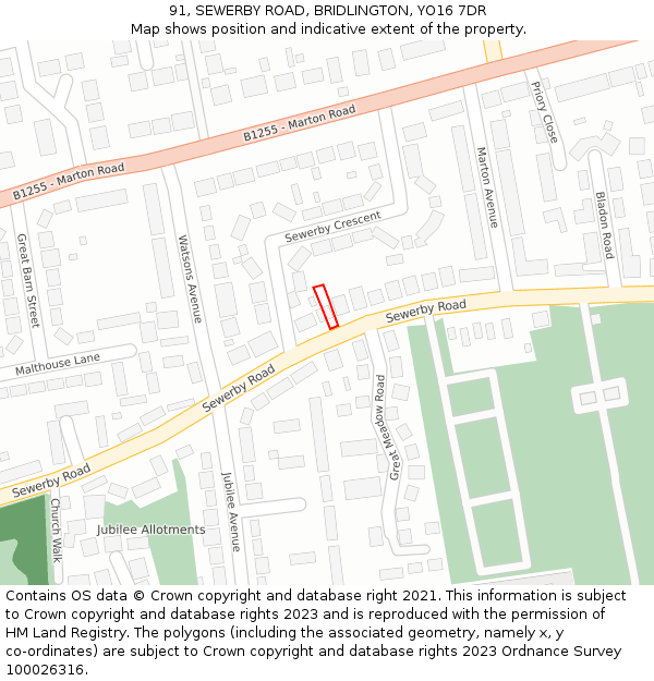 91, SEWERBY ROAD, BRIDLINGTON, YO16 7DR: Location map and indicative extent of plot