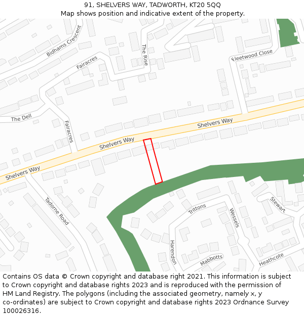 91, SHELVERS WAY, TADWORTH, KT20 5QQ: Location map and indicative extent of plot