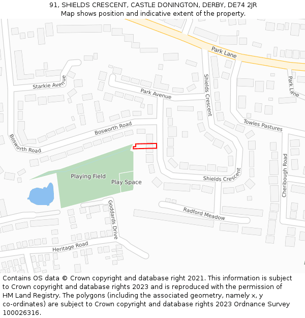 91, SHIELDS CRESCENT, CASTLE DONINGTON, DERBY, DE74 2JR: Location map and indicative extent of plot