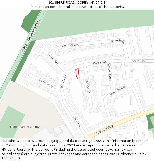 91, SHIRE ROAD, CORBY, NN17 2JS: Location map and indicative extent of plot