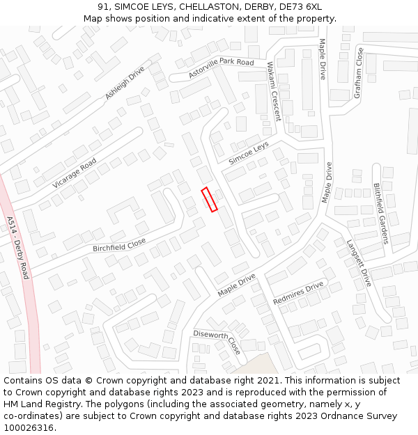 91, SIMCOE LEYS, CHELLASTON, DERBY, DE73 6XL: Location map and indicative extent of plot