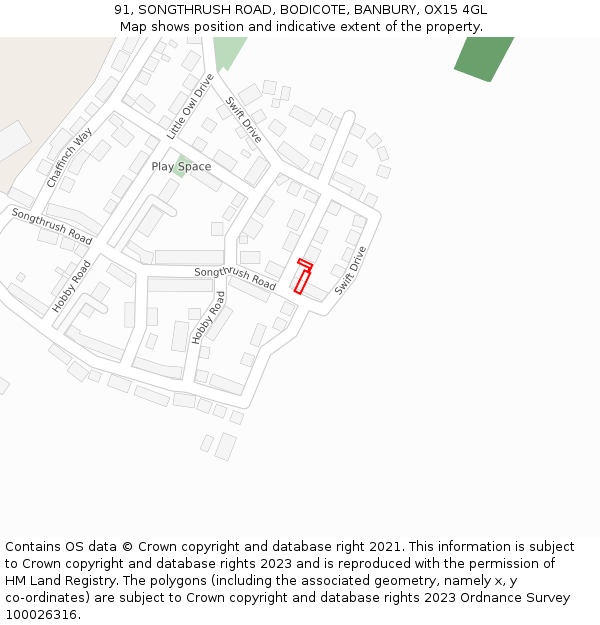 91, SONGTHRUSH ROAD, BODICOTE, BANBURY, OX15 4GL: Location map and indicative extent of plot