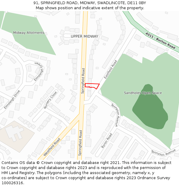 91, SPRINGFIELD ROAD, MIDWAY, SWADLINCOTE, DE11 0BY: Location map and indicative extent of plot