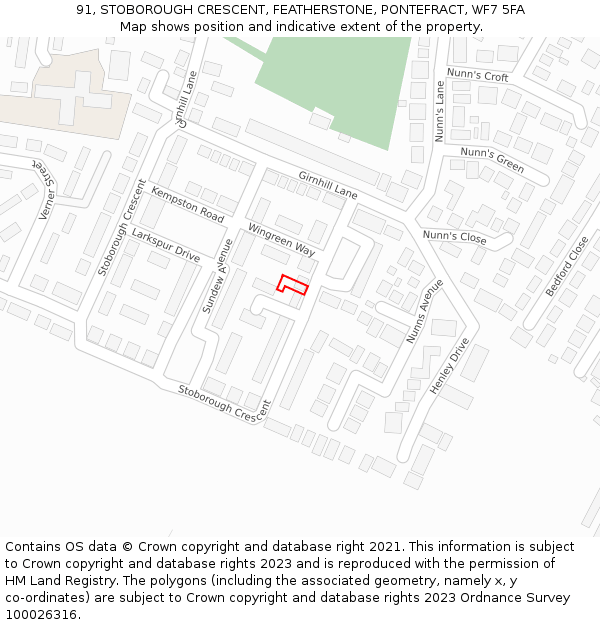 91, STOBOROUGH CRESCENT, FEATHERSTONE, PONTEFRACT, WF7 5FA: Location map and indicative extent of plot