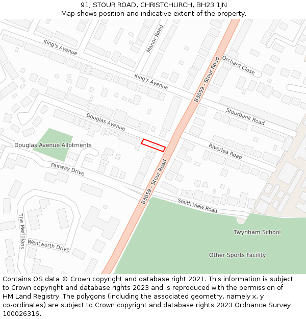 91, STOUR ROAD, CHRISTCHURCH, BH23 1JN: Location map and indicative extent of plot