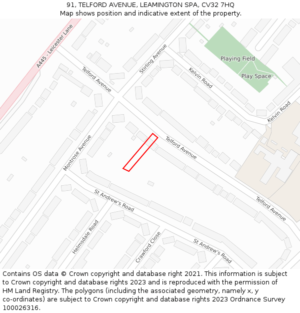 91, TELFORD AVENUE, LEAMINGTON SPA, CV32 7HQ: Location map and indicative extent of plot