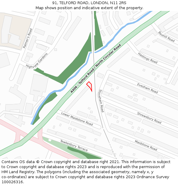 91, TELFORD ROAD, LONDON, N11 2RS: Location map and indicative extent of plot