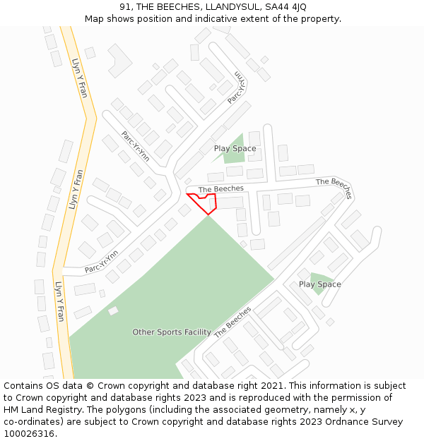 91, THE BEECHES, LLANDYSUL, SA44 4JQ: Location map and indicative extent of plot