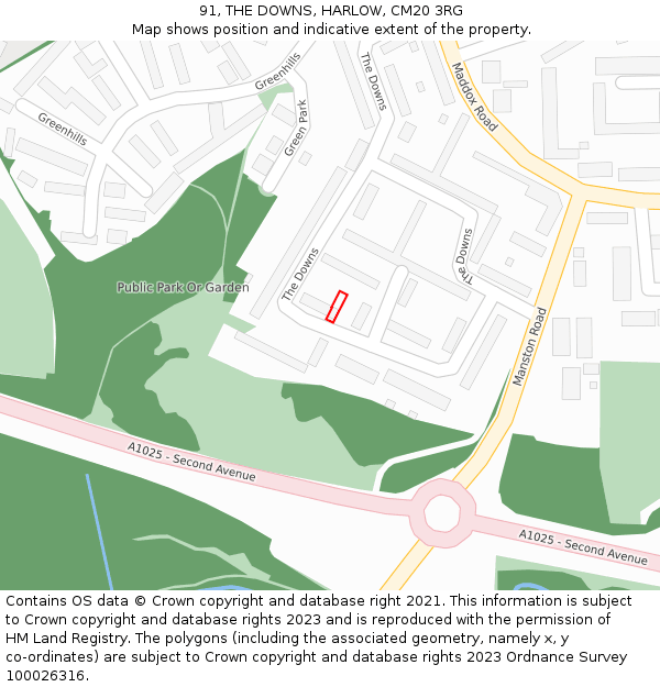 91, THE DOWNS, HARLOW, CM20 3RG: Location map and indicative extent of plot