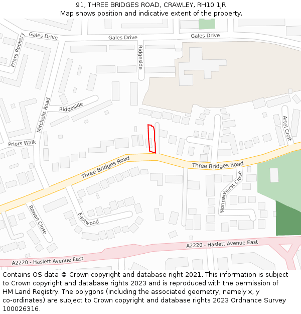 91, THREE BRIDGES ROAD, CRAWLEY, RH10 1JR: Location map and indicative extent of plot