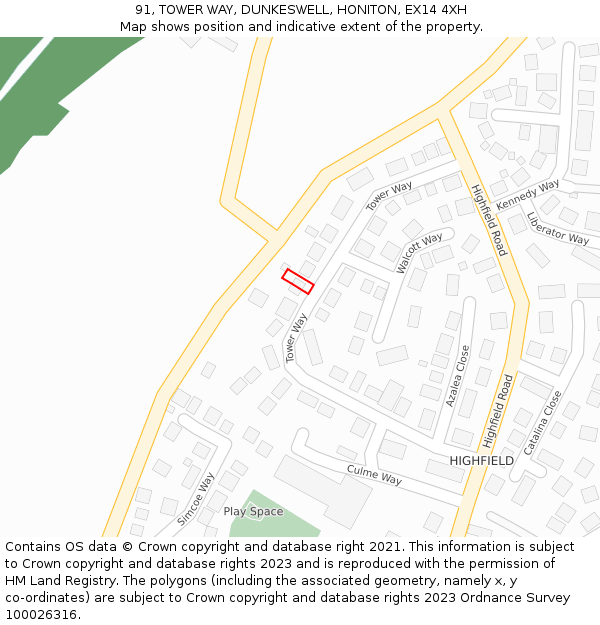 91, TOWER WAY, DUNKESWELL, HONITON, EX14 4XH: Location map and indicative extent of plot