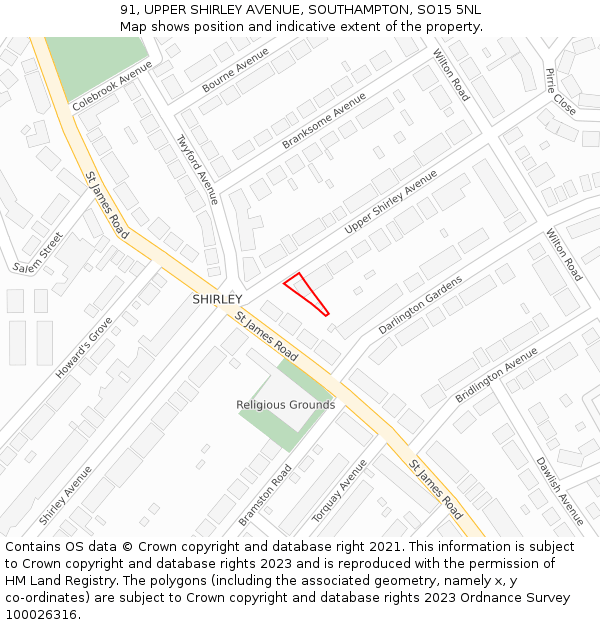 91, UPPER SHIRLEY AVENUE, SOUTHAMPTON, SO15 5NL: Location map and indicative extent of plot