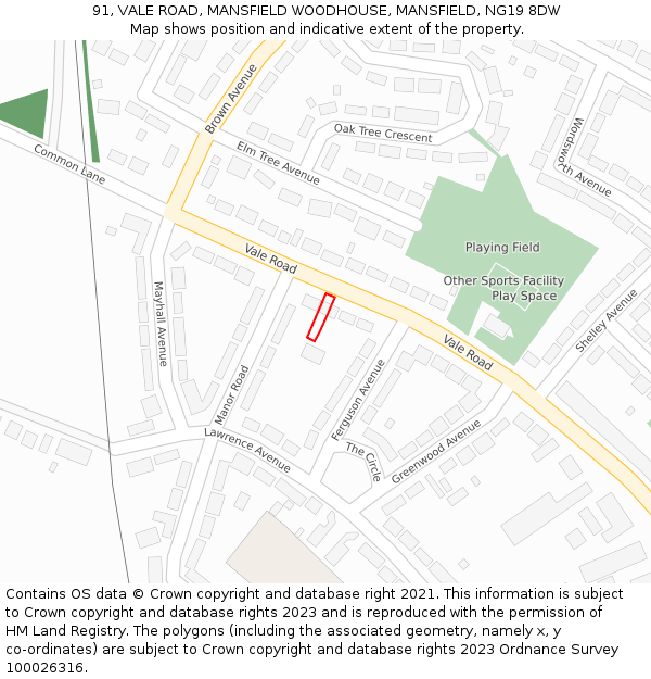 91, VALE ROAD, MANSFIELD WOODHOUSE, MANSFIELD, NG19 8DW: Location map and indicative extent of plot